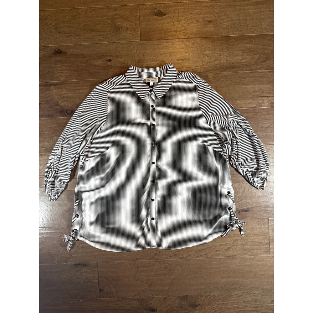 Prescott New York Womens 3X Striped Button Down Shirt Lace‎ Up Sides Black White
